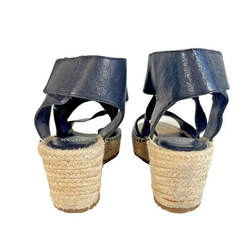 Eileen Fisher Black Leather Willow Espadrille Wedge Heels Women's Size 9.5 Boho